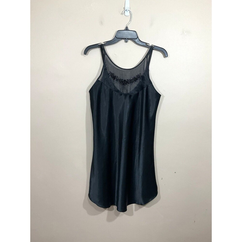 Vintage Womens Beaded Satin Mini Slip Dress M Black Party 90s Goth Grunge